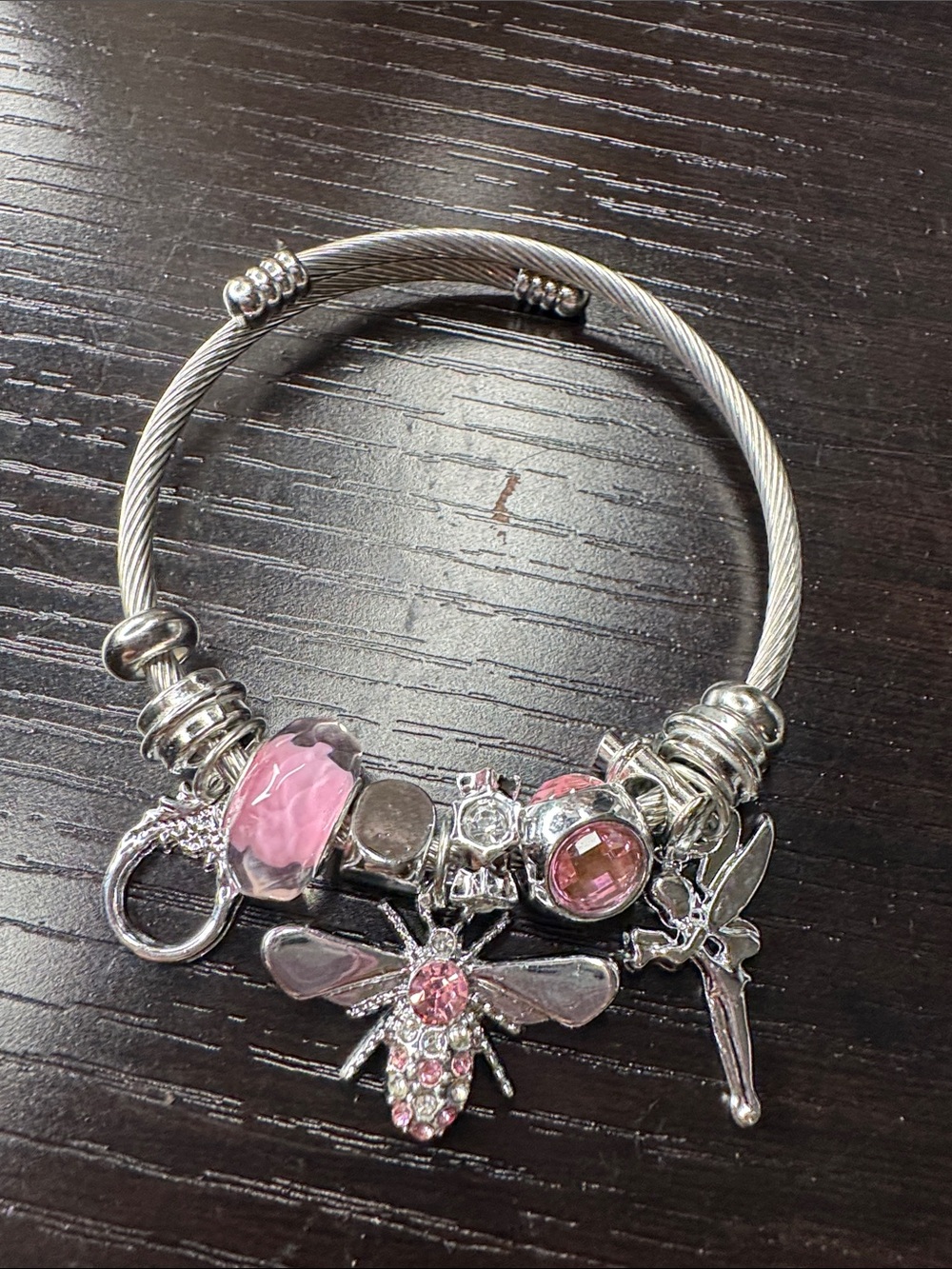 Silver-Tone Pink Charm Bracelet with Bee & Fairy Charms